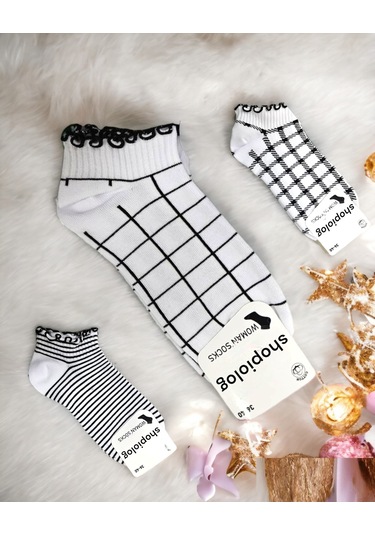 Shopiolog Sevimli Marul Desenli Bilek Çorabı 3'lü Paket Siyah - Beyaz