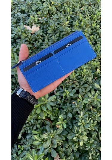 Saks Mavi Peony Hakiki Deri Telefon Cüzdanı Mavi