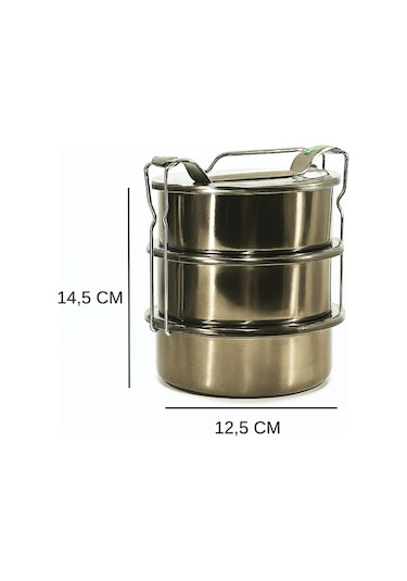 Paslanmaz Çelik Lunchbox Okul Ve Ofis İçin 3 Katlı Kilitli Sefertası No:1 Gri