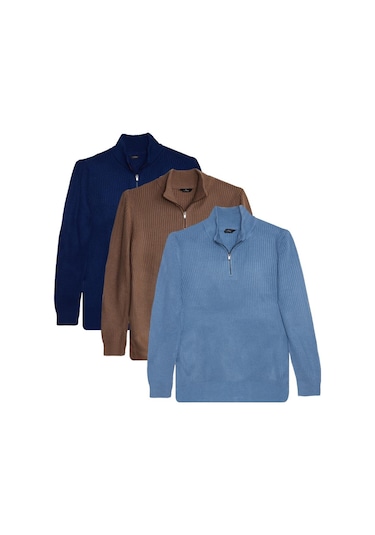 Erkek 3'lü Paket İndigo-vizon-lacivert Slim Fit Dar Kesim Fermuarlı Dik Yaka Triko Kazak-41809 Çok Renkli