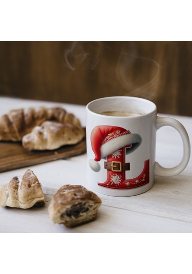 L Harfi Yılbaşı Temalı Bardak 330 Ml Harfli Kişiye Özel Hediye - Yeniyıl / Noel Şapka Tasarım Beyaz