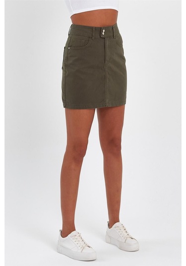 Kadın Çift Düğmeli Mini Kot Etek Haki-haki Haki
