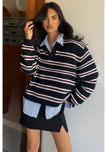 Siyah Polo Yaka Çizgili Kadın Triko Kazak Mg2469 Siyah