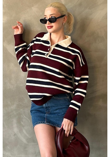 Madmext Bordo Çizgili Düğmeli Polo Yaka Kadın Triko Kazak Mg2280 Bordo