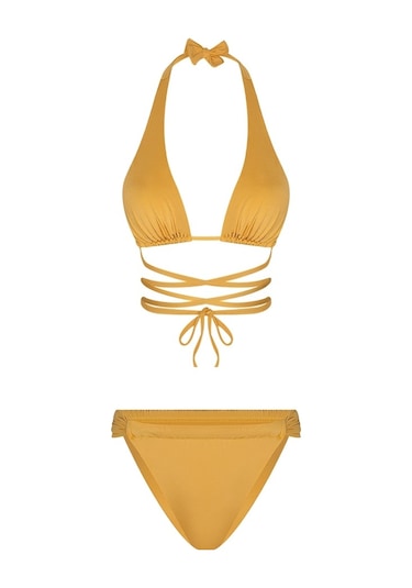Bonesta Chandra Üçgen Bağlamalı Büzgü Detaylı Sarı Bikini Takımı