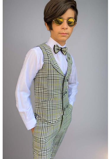 Riccotarz Erkek Çocuk Kare Desen Ve Şal Yaka Yelekli Yeşil Takım Elbise Yeşil