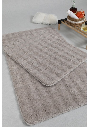 Modern Bubble Yıkanabilir Kaymaz Peluş Banyo Paspası Halısı 2'li Klozet Takımı 60x100-50x60cm Bej