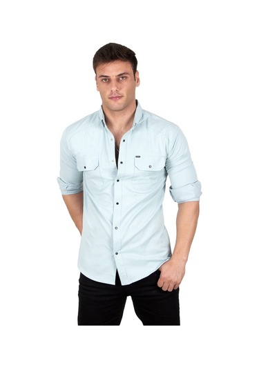 Deepsea Erkek Mint Yeşili Fitilli Çıtçıtlı Kot Gömlek 300421 Mint