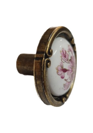 Porselen Düğme Kulp Metal Antiksarı Beyaz Motifli 02 / 5 Adet Sarı