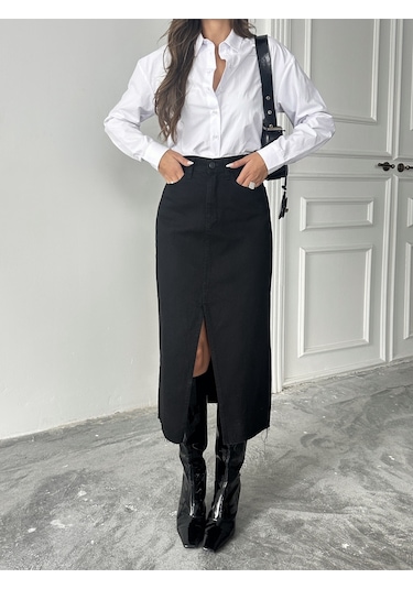 Kadın Ucu Kesik Ön Yırtmaç Kot Etek Si Yah