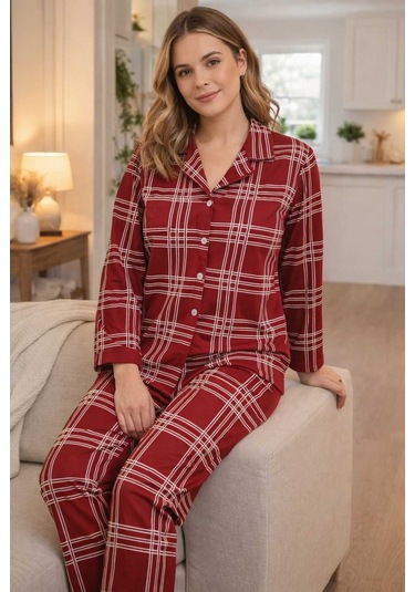 Tenra Kadın Pijama Takımı Licralı Boydan Düğme Bordo