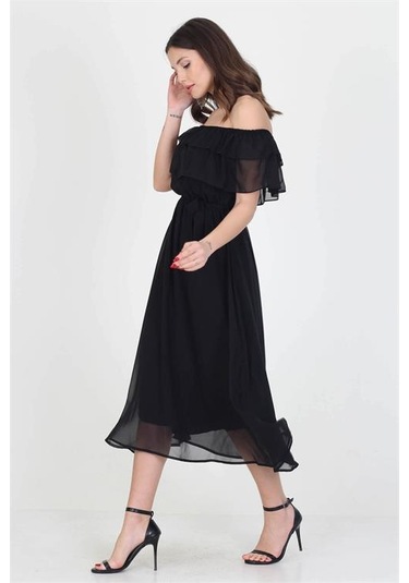 Neşeli Butik Kadın Yeni Sezon Madonna Yaka Bağlama Detaylı Şifon Elbise Ry8060 Siyah