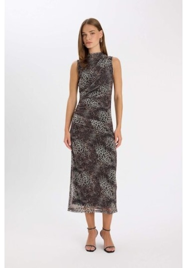 DeFacto Bodycon Vücuda Oturan Bisiklet Yaka Leopar Desenli Tül Kolsuz Maxi Elbise D5061AX24AUBN192