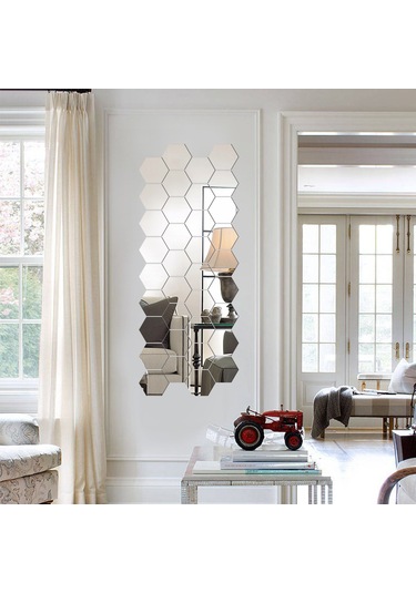 Vkemall Esnek Yansıtıcı Altıgen Ayna Levhaları Kendinden Yapışkanlı Ayna Fayansları Cam Gümüş