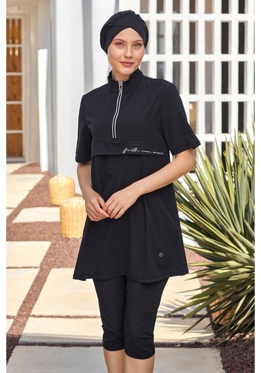 Kısa Kollu Spor Likra Yarı Kapalı Mayo Yetta 1603 Siyah Siyah