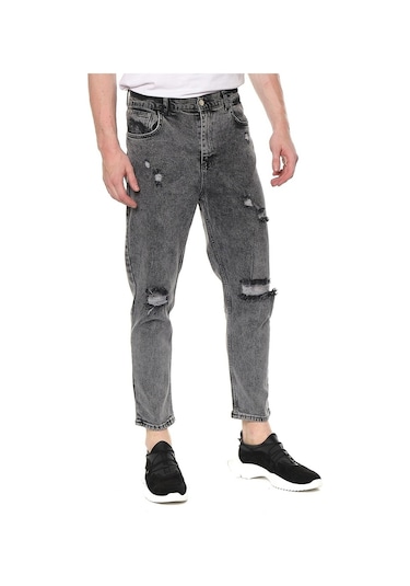 Bol Kesim Yırtıklı Erkek Kot Pantolon Siyah