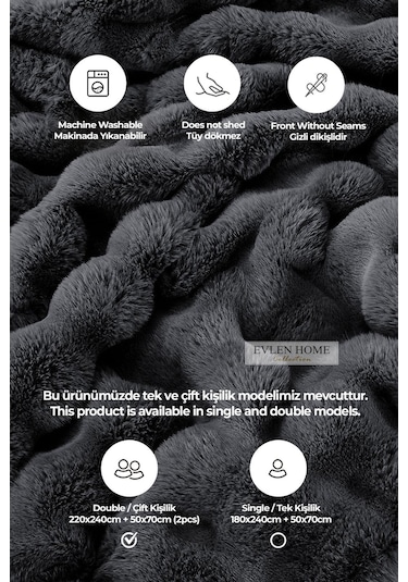 Evlen Home Kürk Yatak Örtüsü Çift Kişilik Dolgulu Peluş Yumuşak Çift Taraflı Yorgan 3 Parça Loria Antrasit Füme Antrasit