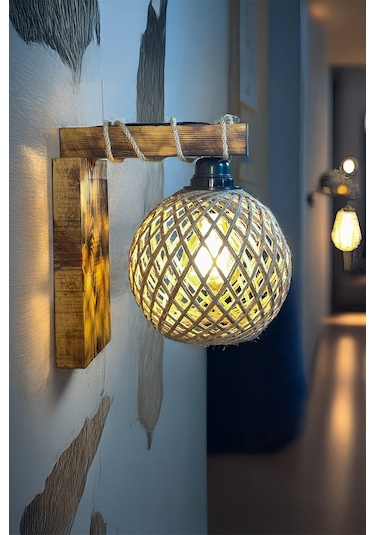 Rustik Ahşap Duvar Apliği Doğal Halat Detaylı, El Yapımı Avize, Dekoratif Yatak Odası Lambası Ahşap