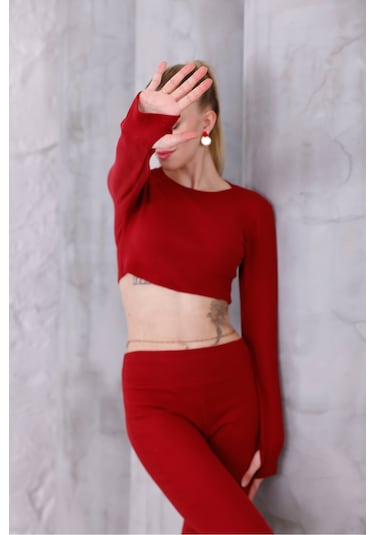 Kadın İspanyol Paça Pantolon Uzun Kollu Parmak Geçirmeli Crop Takım Bordo