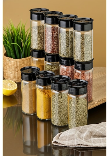 12'li Cam Baharatlık Seti - Siyah Siyah
