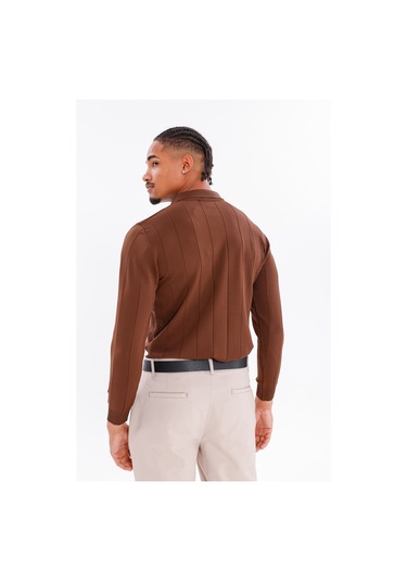 Monox Erkek Yarım Fermuarlı Polo Yaka Triko Kazak Kahverengi