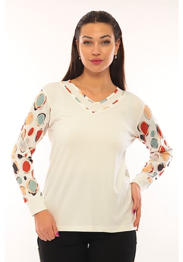 Sistas Kadın V Yaka Desenli Uzun Kol Bluz 3312 Ekru
