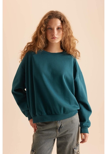 DeFacto Coool Oversize Geniş Kalıp Bisiklet Yaka Basic Düz Kalın Kumaş İçi Yumuşak Tüylü Sweatshirt D9022AXNSGN1040 Yeşil