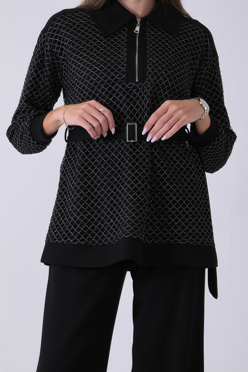 Feminist Siyah Tunik Yaka Fermuar Kapamalı File Detaylı Pantolonlu Takım 4577283.01 Siyah