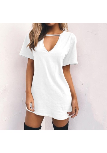 Beyaz Moda Kadın Rahat Kısa Kollu V Yaka Katı Bayanlar Mini Elbise Oymak Beyaz