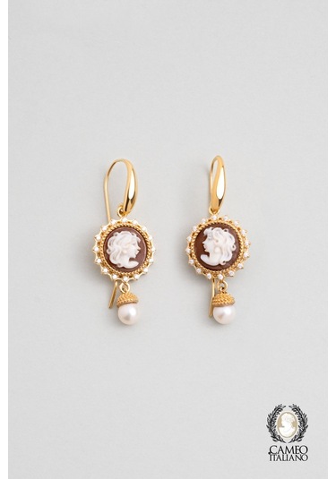 Cameo Italiano 18 Ayar Sarı Altın Kaplama Gümüş İnci Küpe Sarı