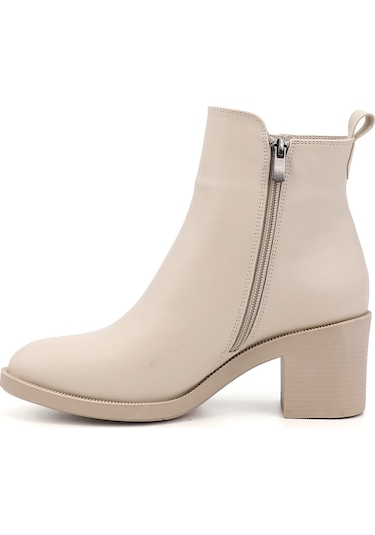 Gönderi R Bej Çift Fermuarlı Kalın Topuklu Bot Bej