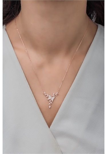 925 Ayar Gümüş Rose Daldaki Kelebek Kolye