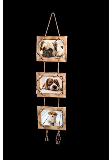 Dekoratif Doğal Ahşap 3'Lü Fotoğraf Çerçevesi Duvar Süsü