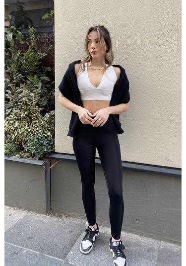 Siyah Yüksek Bel Toparlayıcı Spor Tayt Siyah