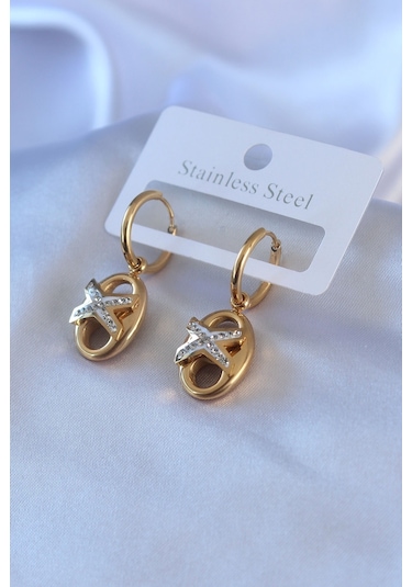 316l Çelik Gold Renk Zirkon Taş Detay Kadın Küpe Altın