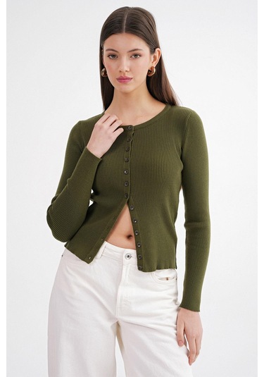 6931 Kadın Düğmeli Fitilli Triko Hırka Haki Haki