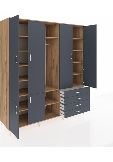 Kronos Dolap 14 Raflı 4 Çekmeceli Tek Askılı 220x59x243 Çam-antrasit/antrasit Antrasıt/antrasıt