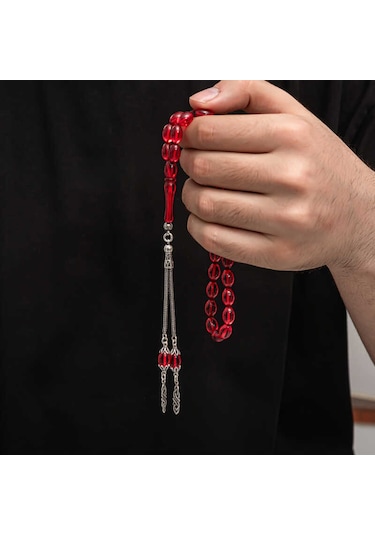 Gümüş Püskül Sıkma Kehribar Tesbih Kırmızı 14508412