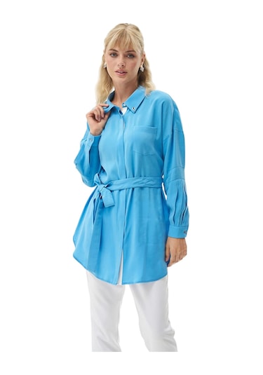 Kayra Yakası Kuş Gözü Detaylı Rayon Tunik Gök Mavi