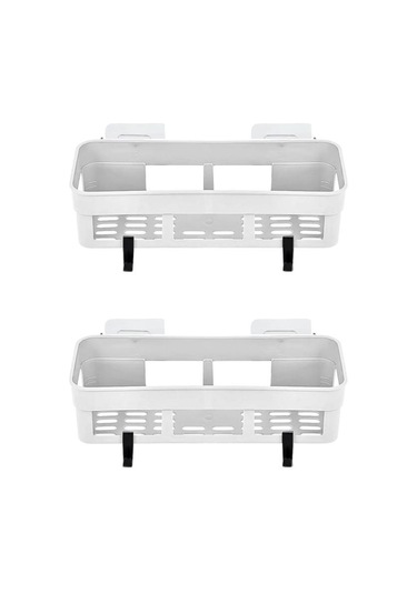 2 Adet Yapışkanlı Plastik Raf, Delme Vida Gerektirmeyen Banyo Duş Şampuan Mutfak Baharat Rafı Beyaz Beyaz