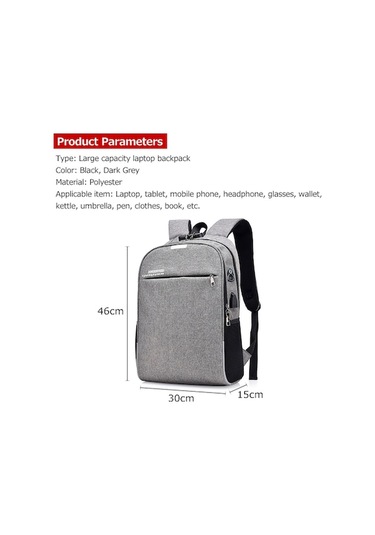 15.6 İnç Çok Fonksiyonlu Laptop Çantası - Usb Bağlantılı, Kilitli, Reflektörlü, Gri Koyu Gri Koyu Gri