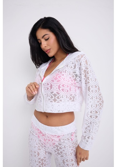 Kapuşonlu Dantel Bluz Beyaz