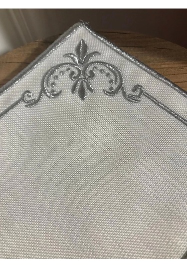 Nivemeshome Mihrimah Nakışlı Gümüş Kare 6 Adet Keten Kokteyl Peçetesi Kahve Yanı Sunumluk Gümüş