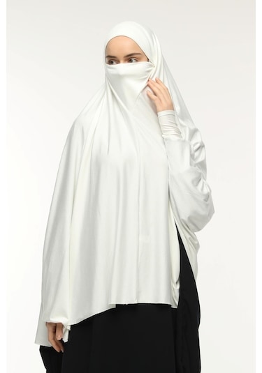 Kollu Sufle Çarşaf Üstü Peçeli Pratik Tesettür Hijab - Nikaplı Namaz Örtüsü Ekru