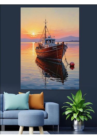 Ahşap Tablo Denizde Süzülen Küçük Balıkçı Teknesi