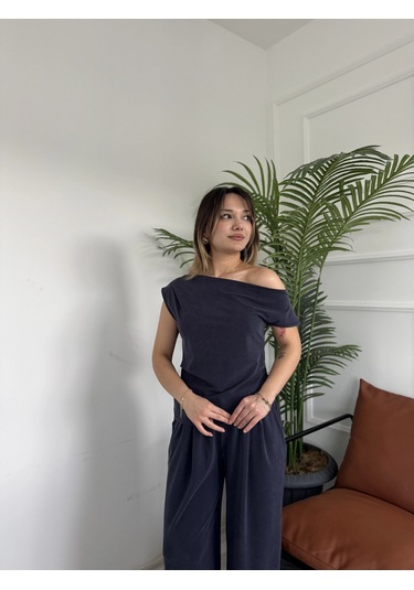Keymoda Kadın Sion Kayık Yaka Bluz Pantolon Takım Lacivert