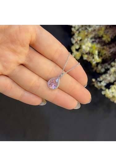 Stela Pembe Kuvars Damla Gümüş Kolye