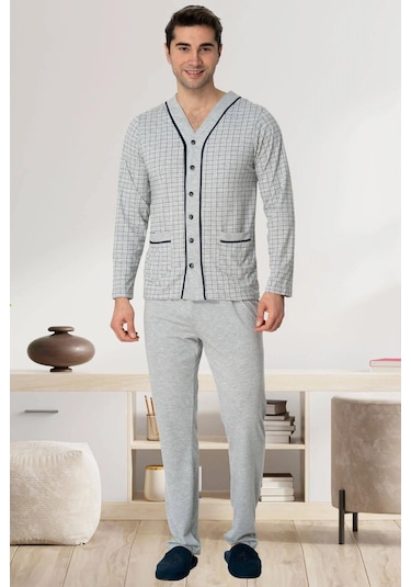 Mecit 2767 Gri Önden Düğmeli Büyük Beden Erkek Pijama Takımı Gri