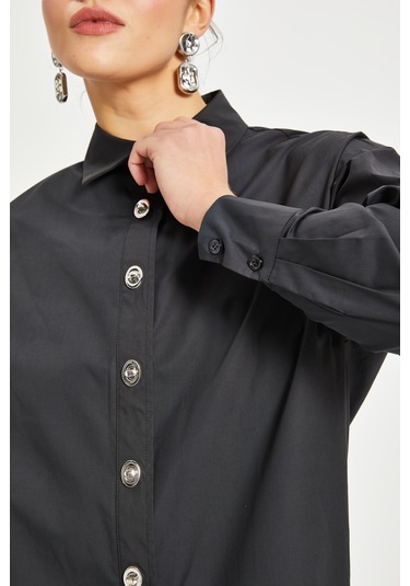 Kadın %100 Koton Oversize Gömlek Taş Düğme Detaylı Uzun Kollu Şık Model Siyah