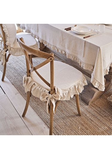 El Yapımı Buldan Yıkanmıs Keten 4 Tarafı Fırfırlı Sandalye Minderi Kılıfı Süngersiz Naturel